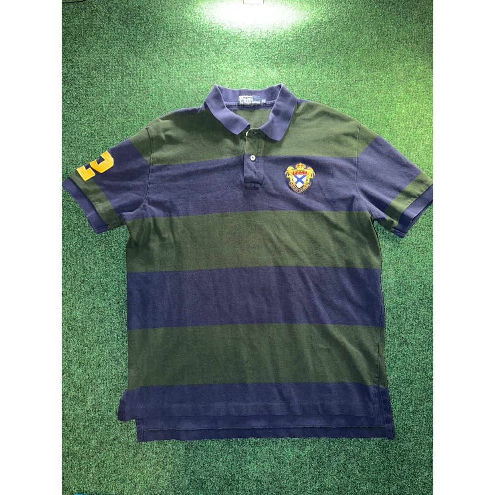 Polo Ralph Lauren Mens XL Striped Crest Rugby Polo Shirt Blue Green Short Sleeve